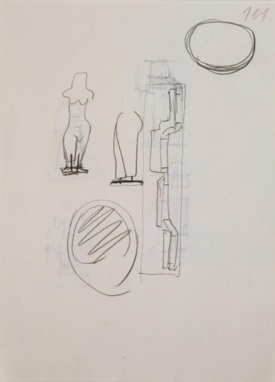 Fritz Wotruba, Skizzen für Befestigungen und Sockel von Plastiken, 1959, Bleistift auf Papier
…