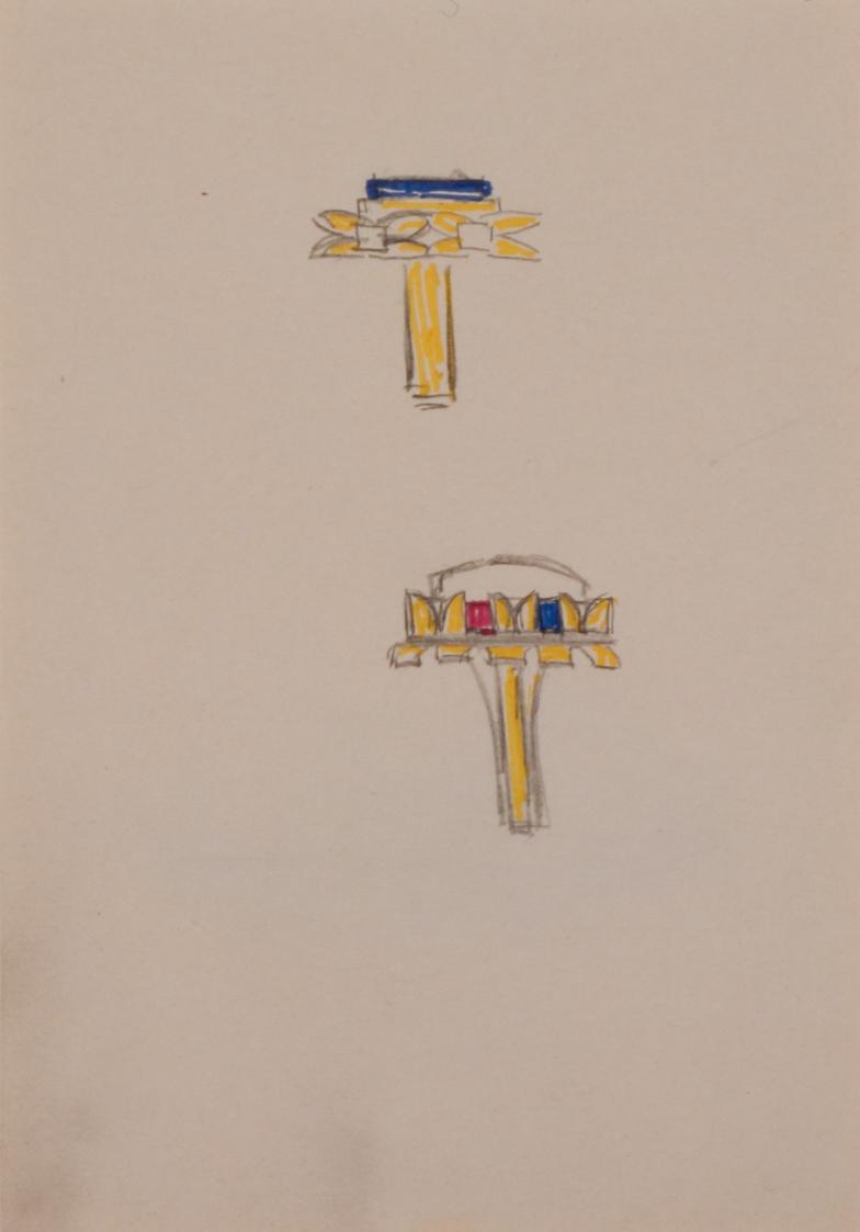 Fritz Wotruba, Entwürfe für Fingerringe, 1961–1965, Bleistift,  roter, gelber und blauer Filzst…