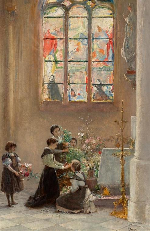 Franz Russ, Fest St. Maria in einer Kirche in Venedig, um 1890/1900, Öl auf Karton, 46 x 32 cm,…