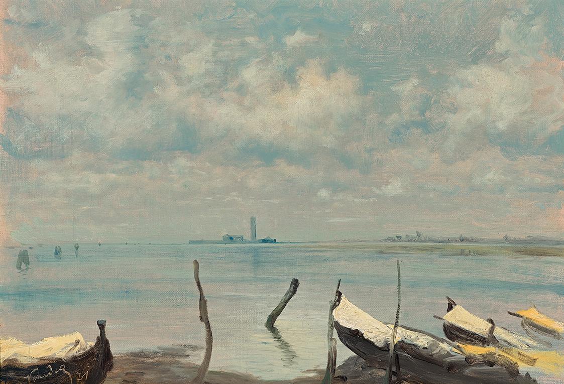 Leopold Carl Müller, Blick von Mestre auf Venedig (Lagunenlandschaft), 1871, Öl auf Leinwand, 3…
