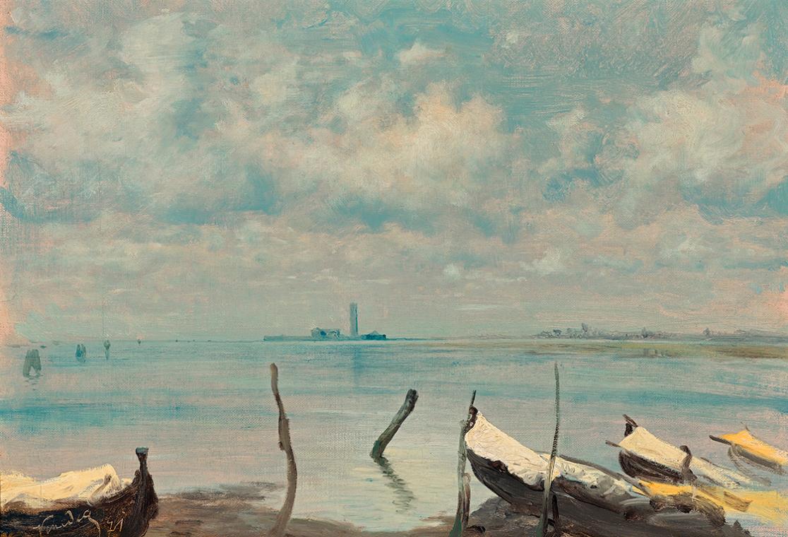 Leopold Carl Müller, Blick von Mestre auf Venedig (Lagunenlandschaft), 1871, Öl auf Leinwand, 3…