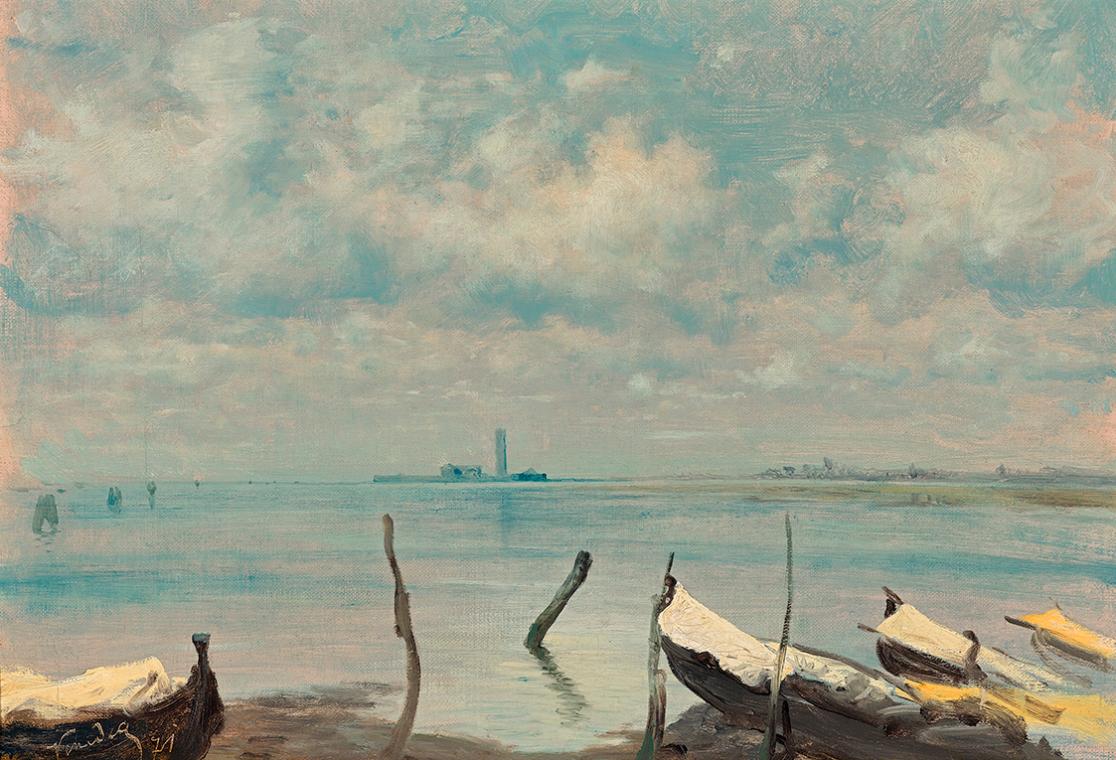 Leopold Carl Müller, Blick von Mestre auf Venedig (Lagunenlandschaft), 1871, Öl auf Leinwand, 3 ...