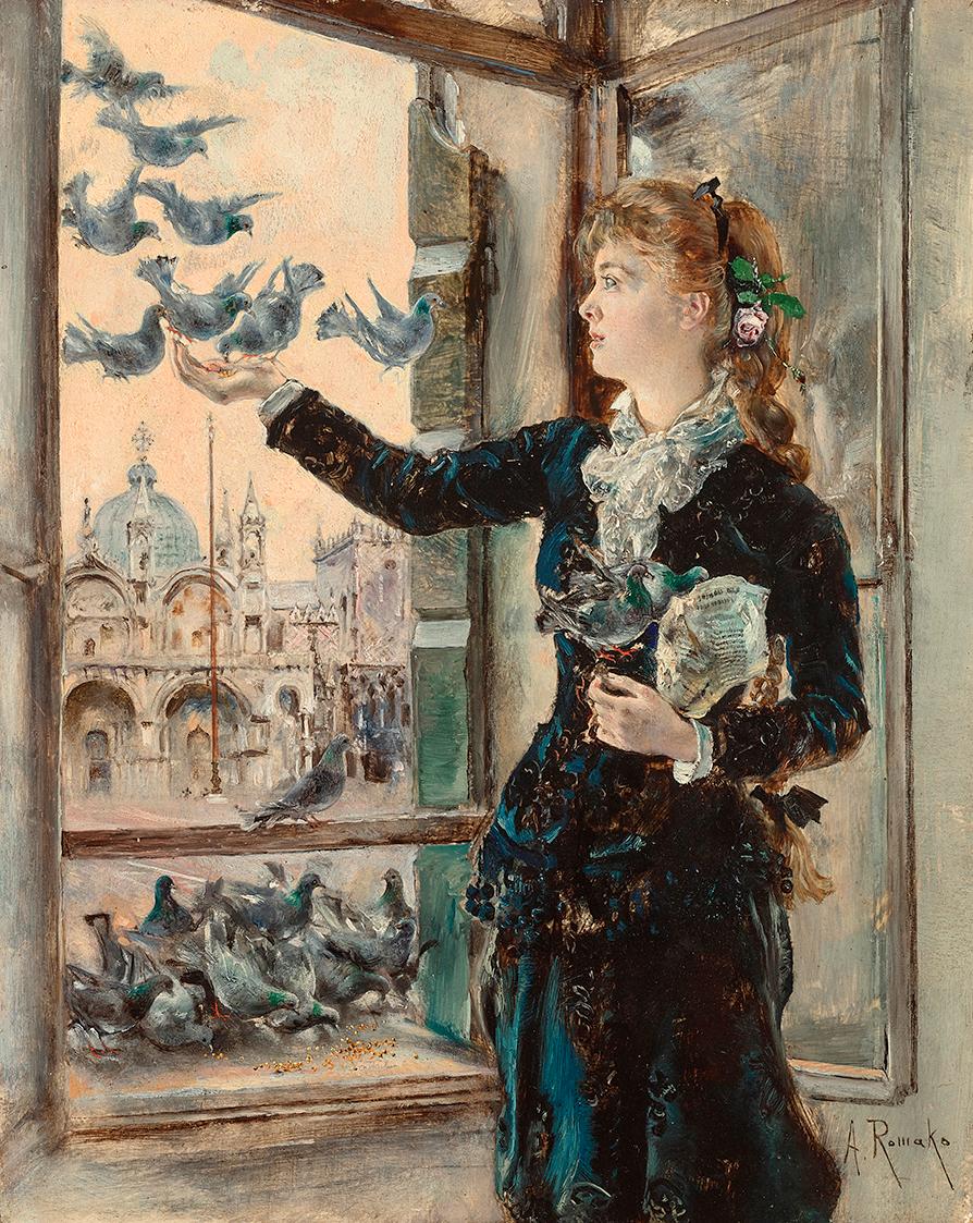 Anton Romako, Mädchen an einem Fenster zum Markusplatz, Tauben fütternd, um 1875, Öl auf Holz, …