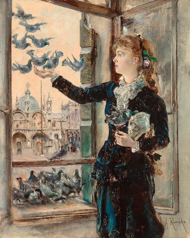 Anton Romako, Mädchen an einem Fenster zum Markusplatz, Tauben fütternd, um 1875, Öl auf Holz, …