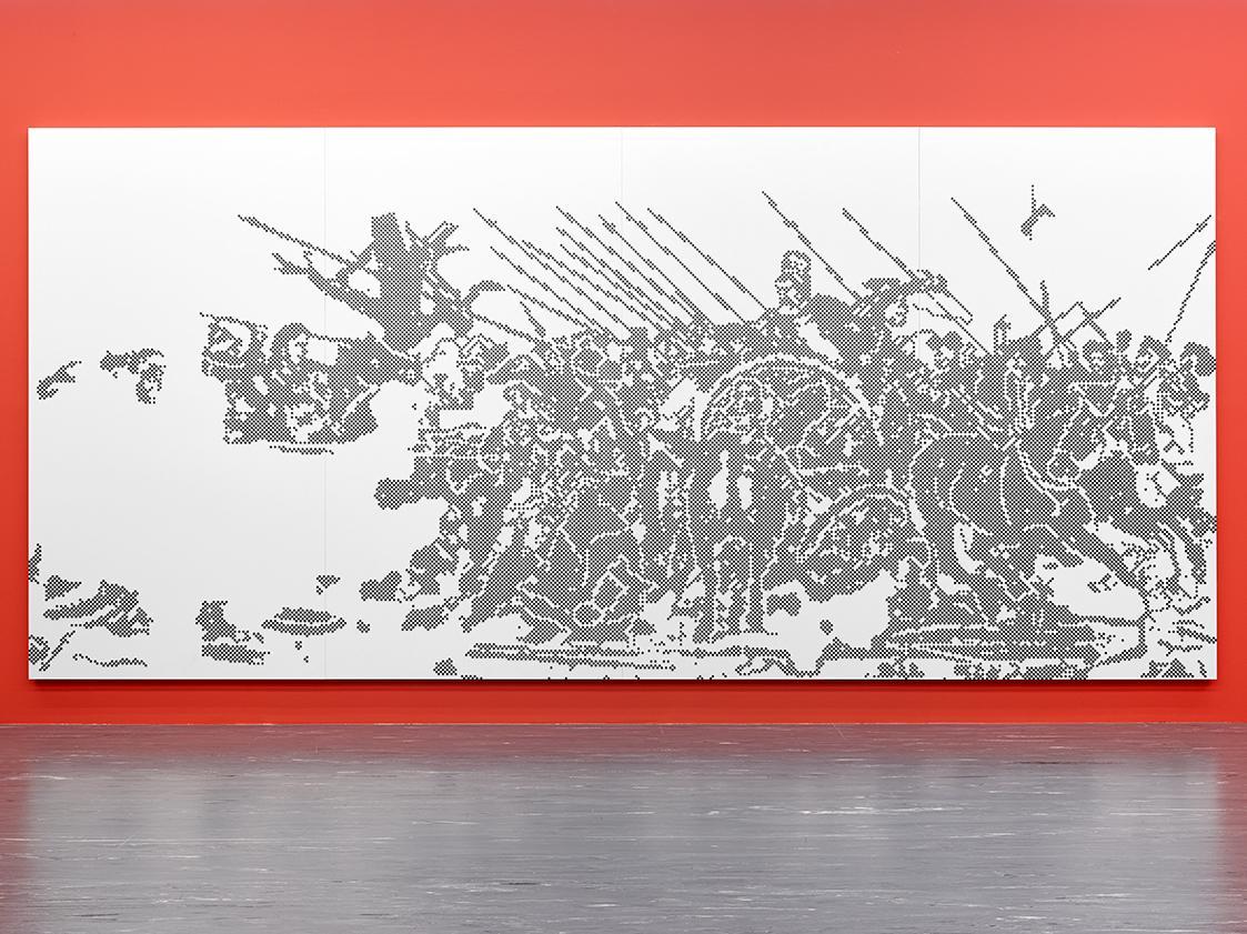 Simon Wachsmuth, Alexanderschlacht, 2007, 4 Platten Eisenblech lackiert, auf MDF geklebt, ca. 1…