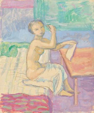 Walther Gamerith, Akt am Tisch, undatiert, Aquarell auf Papier, 50 × 41 cm, Belvedere, Wien, In…