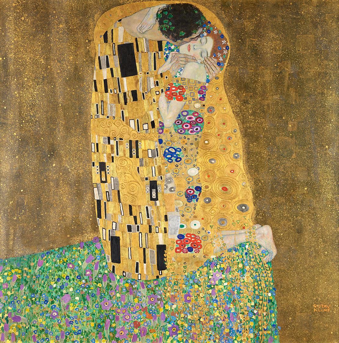 Gustav Klimt, Der Kuss (Liebespaar), 1908 (vollendet 1909), Figuraler Bereich: Blattgold, Blatt…