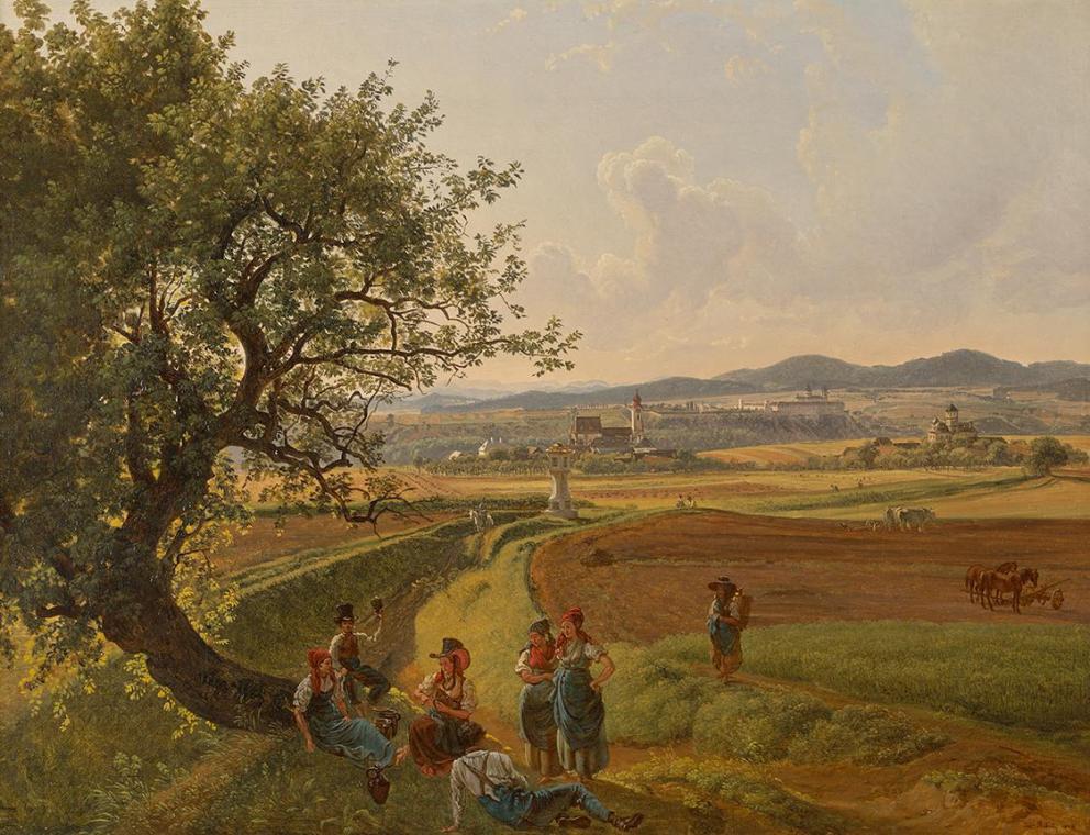 Joseph Rebell, Ansicht der Herrschaft Emmersdorf und Schloss Rothenhof mit Stift Melk im Hinter…