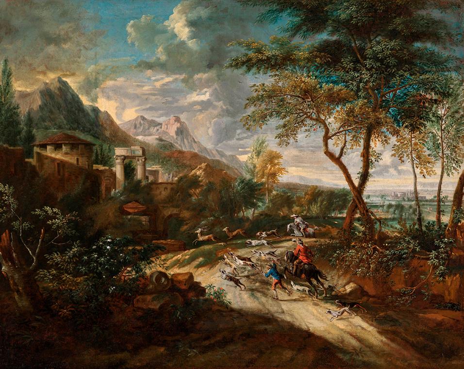 Anton Faistenberger, Hirschhatz in bergigem Gelände, undatiert, Öl auf Leinwand, 74 x 93 cm, Le…