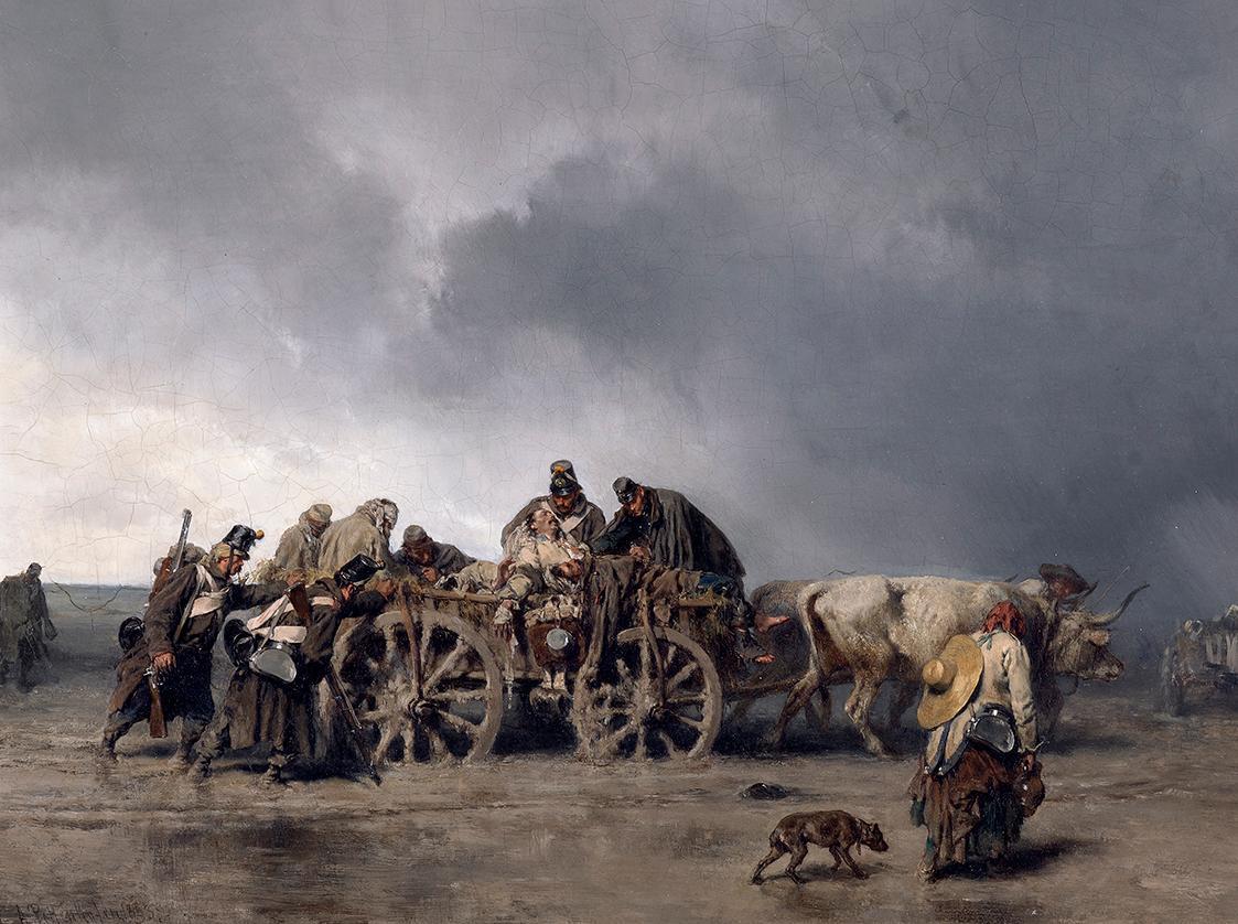August von Pettenkofen, Der Verwundetentransport I, 1853, Öl auf Holz, 27 x 36 cm, Belvedere, W…