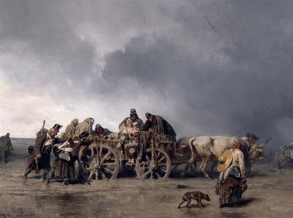 August von Pettenkofen, Der Verwundetentransport I, 1853, Öl auf Holz, 27 x 36 cm, Belvedere, W…