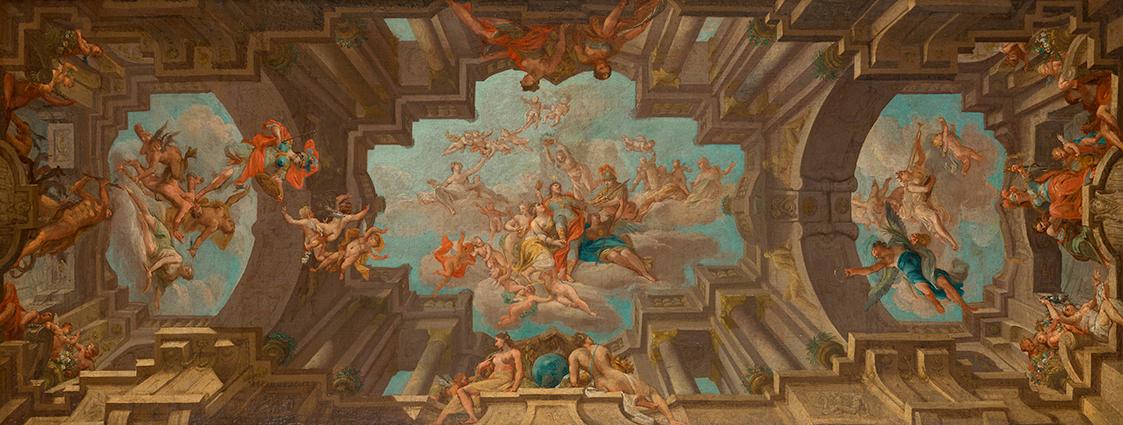 Unbekannter Künstler, Entwurf für ein Deckengemälde, 1720/1750, Öl auf Leinwand, 46 × 114,5 cm,…