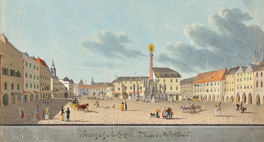 Unbekannter Künstler, Hauptplatz von Wiener Neustadt, undatiert, Aquarell, 18,5 × 33,5 cm, Belv ...