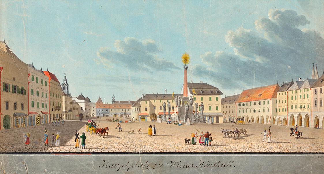 Unbekannter Künstler, Hauptplatz von Wiener Neustadt, undatiert, Aquarell, 18,5 × 33,5 cm, Belv ...