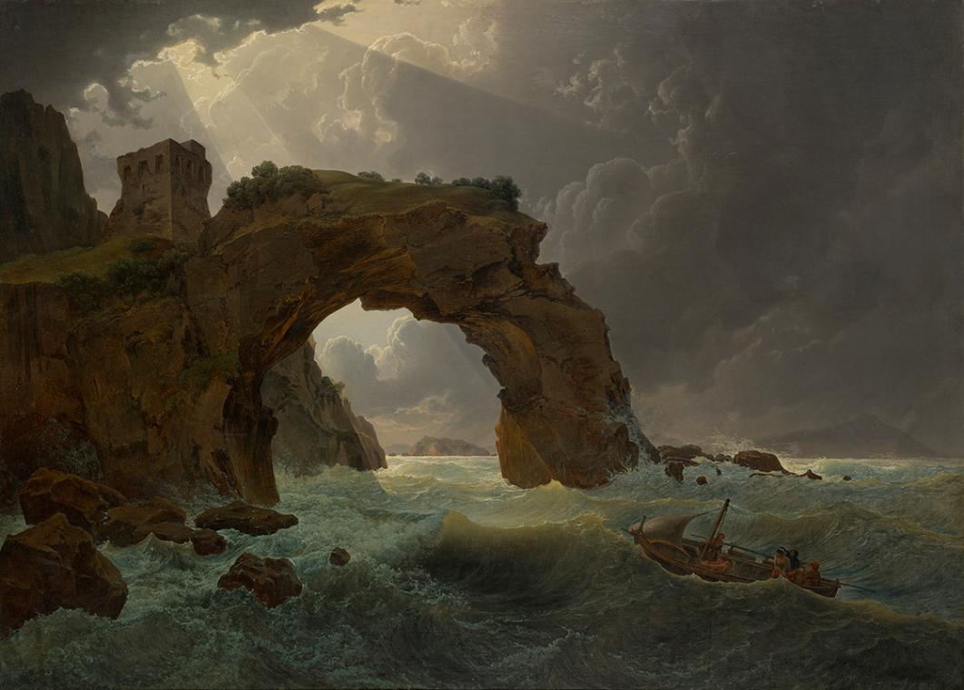 Joseph Rebell, Meeressturm beim Arco di Miseno bei Miliscola mit Blick gegen Nisida, 1819, Öl a…