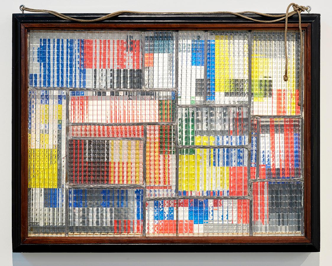 Marc Adrian, O4, 1962, Hinterglasmontage, Tempera auf Platte, Relief, Riffelglas mit unterschie…
