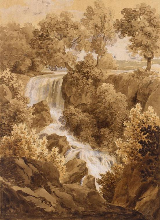 Landschaft mit Wasserfall, um 1810, Sepia auf Papier, Blattmaße: 33 × 24,3 cm, Belvedere, Wien,…