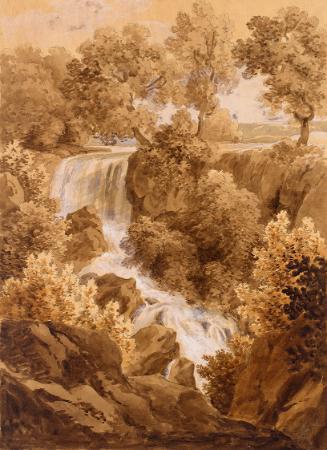 Landschaft mit Wasserfall, um 1810, Sepia auf Papier, Blattmaße: 33 × 24,3 cm, Belvedere, Wien,…