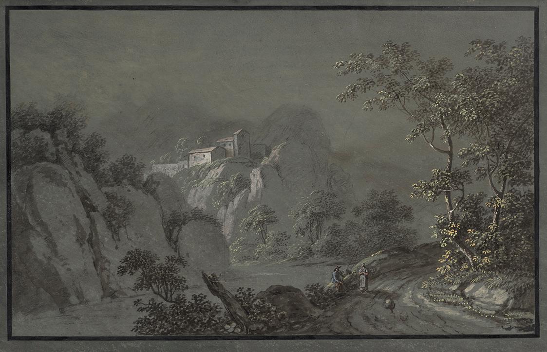 Matthias Rudolf Toma, Italienische Landschaft, undatiert, Aquarell auf blauem Papier, Blattmaße ...