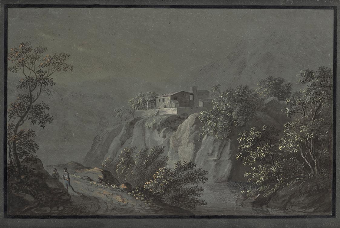 Matthias Rudolf Toma, Italienische Landschaft, undatiert, Aquarell auf blauem Papier, Blattmaße…
