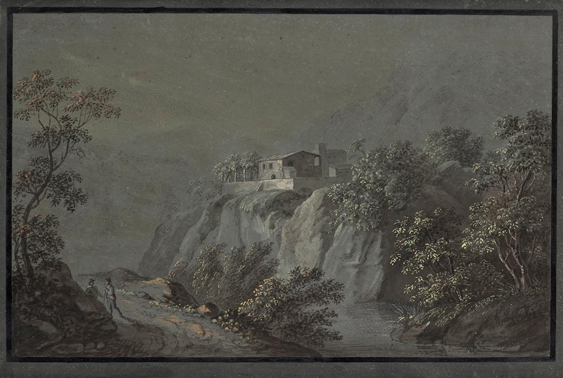 Matthias Rudolf Toma, Italienische Landschaft, undatiert, Aquarell auf blauem Papier, Blattmaße…
