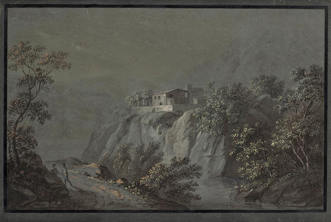 Matthias Rudolf Toma, Italienische Landschaft, undatiert, Aquarell auf blauem Papier, Blattmaße ...