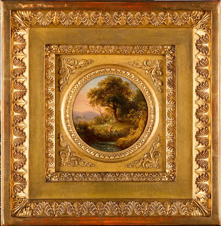 Unbekannter Künstler, Baumlandschaft mit figürlicher Staffage, um 1820, Öl auf Karton, 8 cm, Be…