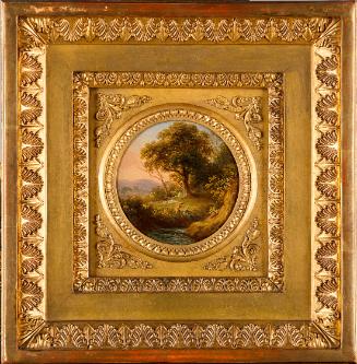 Unbekannter Künstler, Baumlandschaft mit figürlicher Staffage, um 1820, Öl auf Karton, 8 cm, Be…