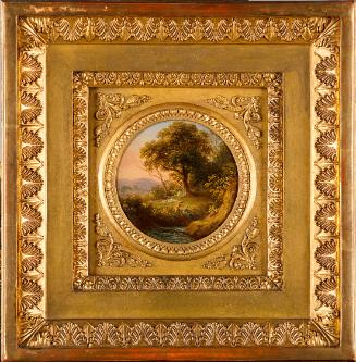 Unbekannter Künstler, Baumlandschaft mit figürlicher Staffage, um 1820, Öl auf Karton, 8 cm, Be ...