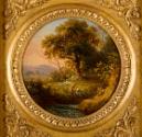 Unbekannter Künstler, Baumlandschaft mit figürlicher Staffage, um 1820, Öl auf Karton, 8 cm, Be…