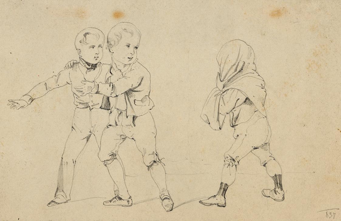 Joseph Heicke, Drei spielende Kinder, 1837, Bleistift auf Papier, 7,2 × 11 cm, Belvedere, Wien,…