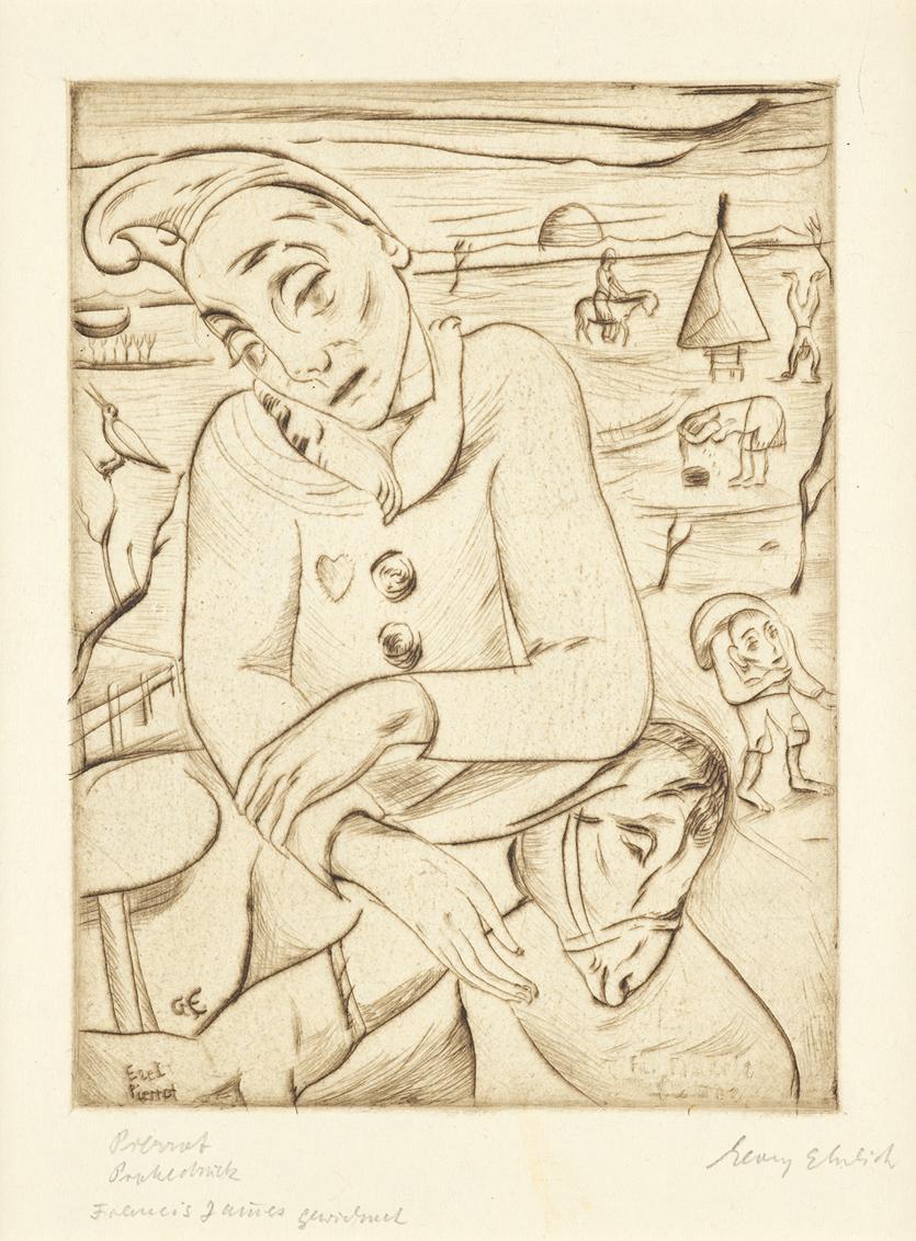 Georg Ehrlich, Pierrot, um 1924, Kaltnadelradierung, 18 x 13 cm, Belvedere, Wien, Inv.-Nr. 8269