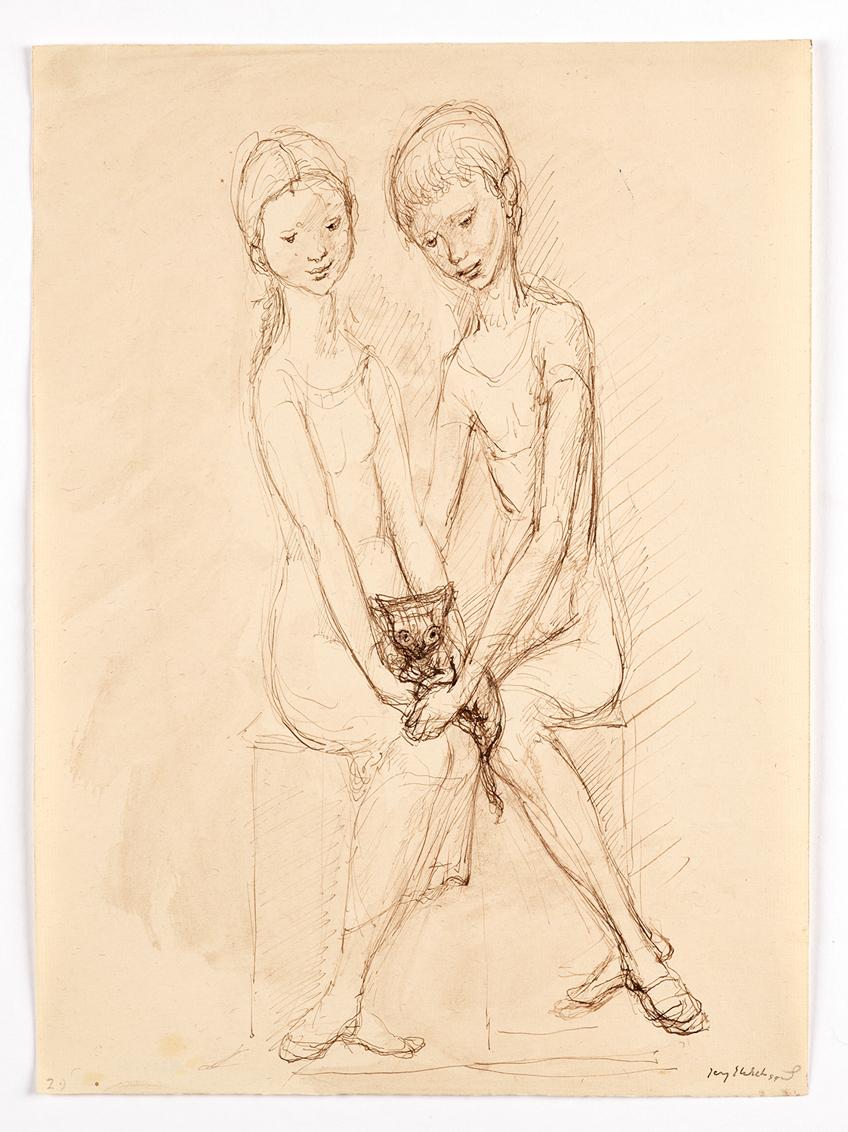 Georg Ehrlich, Zwei Kinder mit Katze, 1959, Papier, 30,8 x 22,5 cm, Belvedere, Wien, Inv.-Nr. 1…