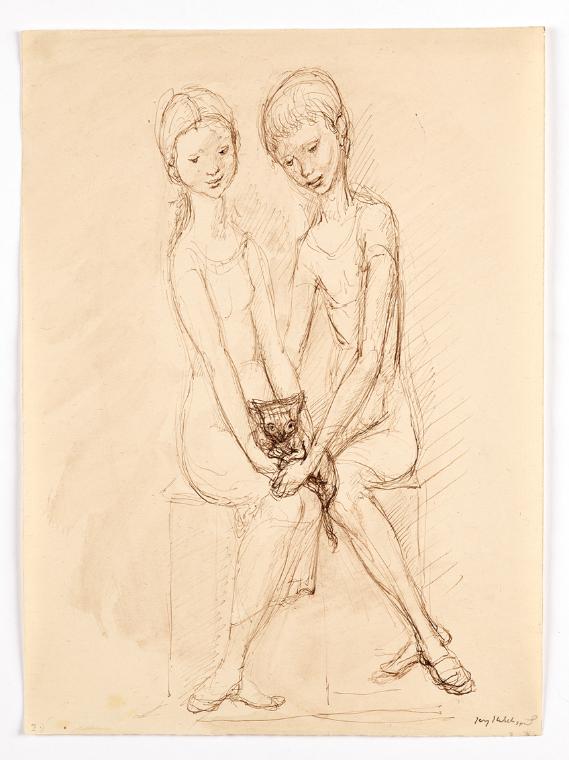 Georg Ehrlich, Zwei Kinder mit Katze, 1959, Papier, 30,8 x 22,5 cm, Belvedere, Wien, Inv.-Nr. 1…