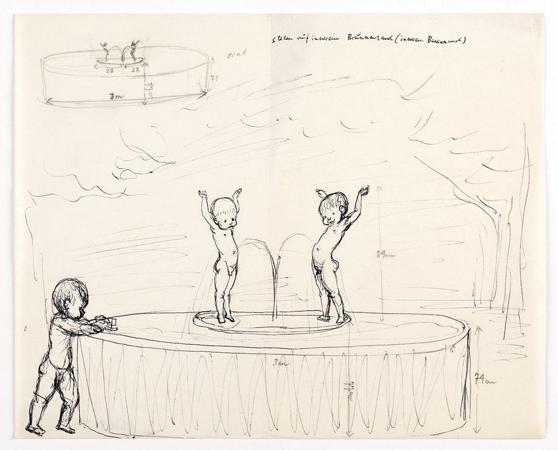 Georg Ehrlich, Skizze für einen Brunnen mit nackten Knaben, undatiert, Papier, 20,5 x 25,4 cm, …