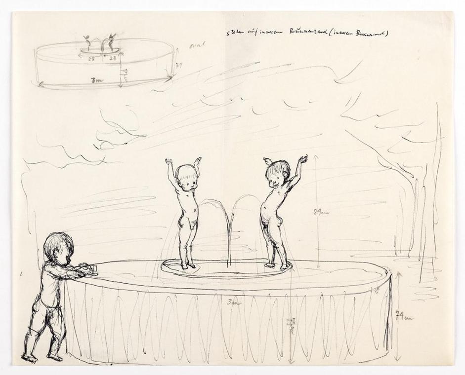 Georg Ehrlich, Skizze für einen Brunnen mit nackten Knaben, undatiert, Papier, 20,5 x 25,4 cm, …