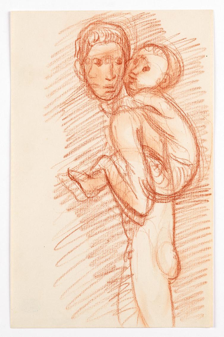 Georg Ehrlich, Skizze eines Knaben, der ein Kind am Rücken trägt, undatiert, Papier, 24,4 x 15,…