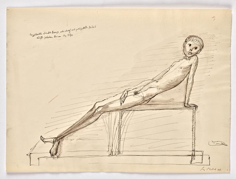 Georg Ehrlich, Entwurf für eine Bronze "Ruhender Knabe", 1949, Feder braun, laviert, 22,6 x 31,…