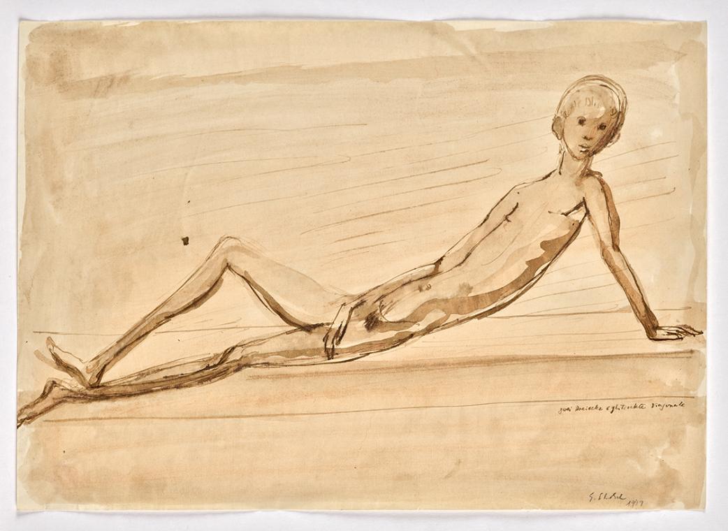 Georg Ehrlich, Entwurf für eine Bronze "The Recumbent Boy", 1949, Papier, 21,1 x 29,8 cm, Belve…