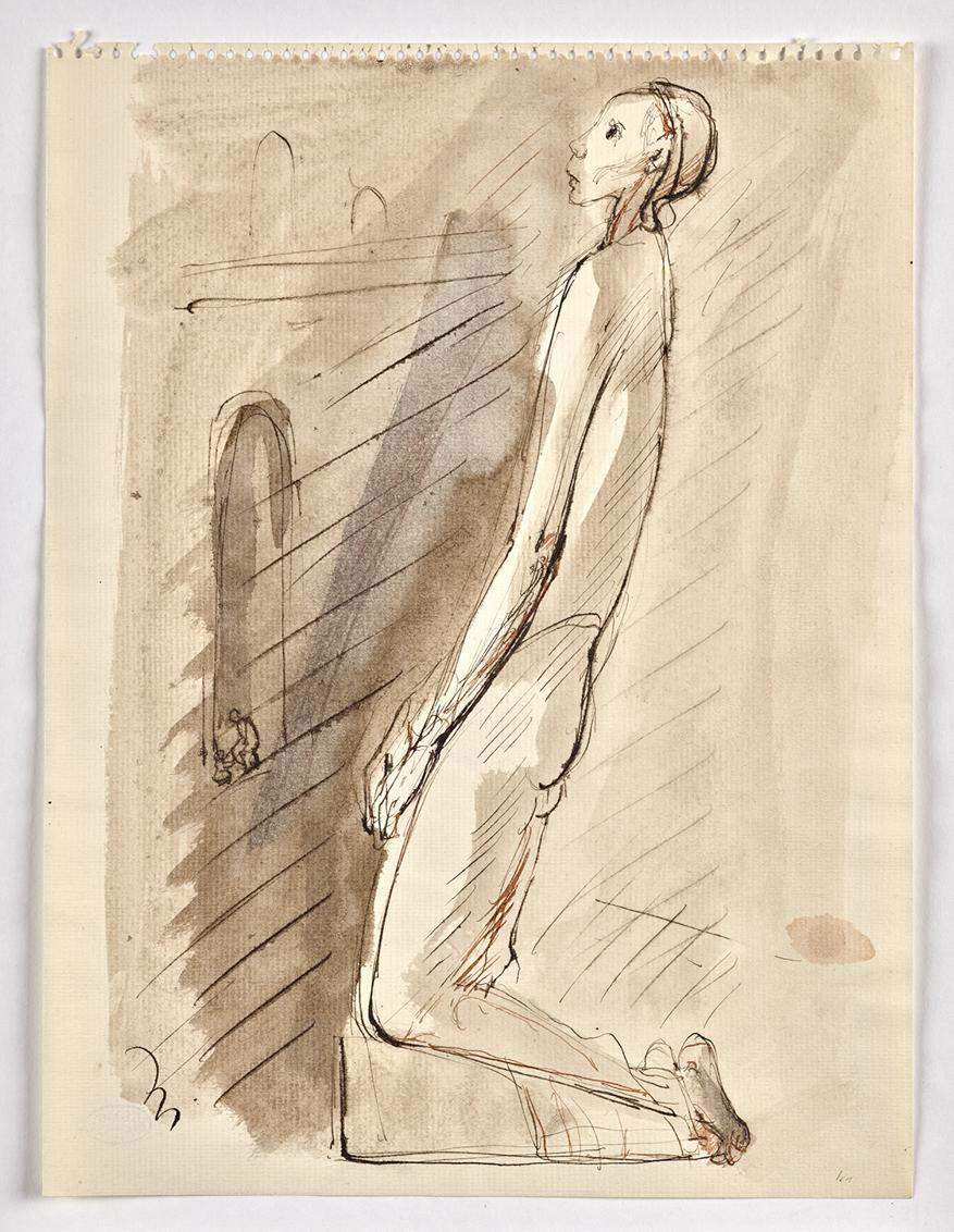 Georg Ehrlich, Betende in Grado, 1963, Feder braun und rotbraun, laviert, 30,3 x 22,8 cm, Belve…