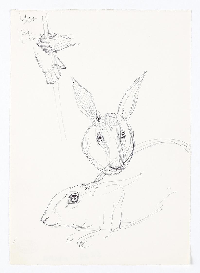 Georg Ehrlich, Hasenköpfe und Hände, 1964, Kugelschreiber, 20,8 × 14,7 cm, Belvedere, Wien, Inv…