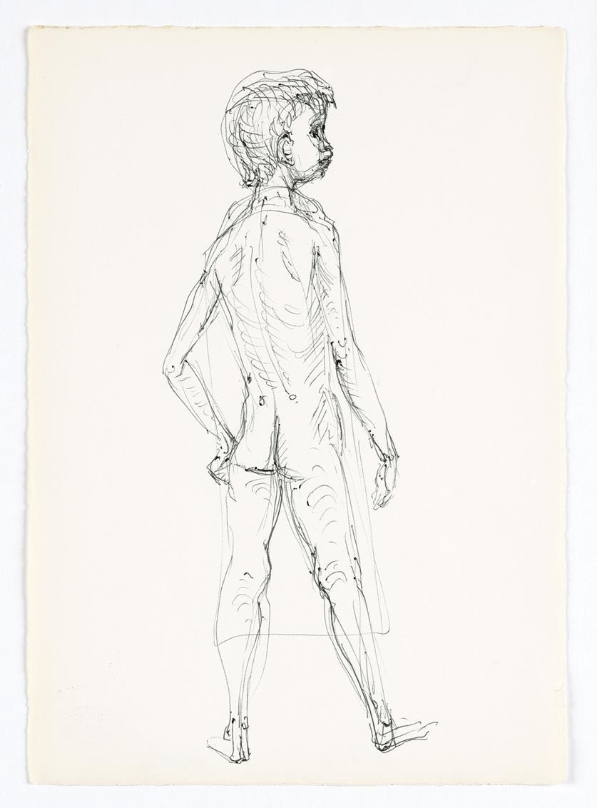 Georg Ehrlich, Rückenakt eines stehenden Knaben, Kugelschreiber, 21 × 15 cm, Belvedere, Wien, I…