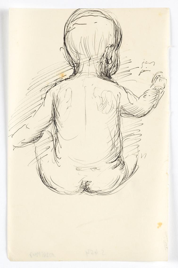 Georg Ehrlich, Rückenansicht eines sitzenden Kleinkinds, Feder in Schwarz, 23,2 × 14,8 cm, Belv…
