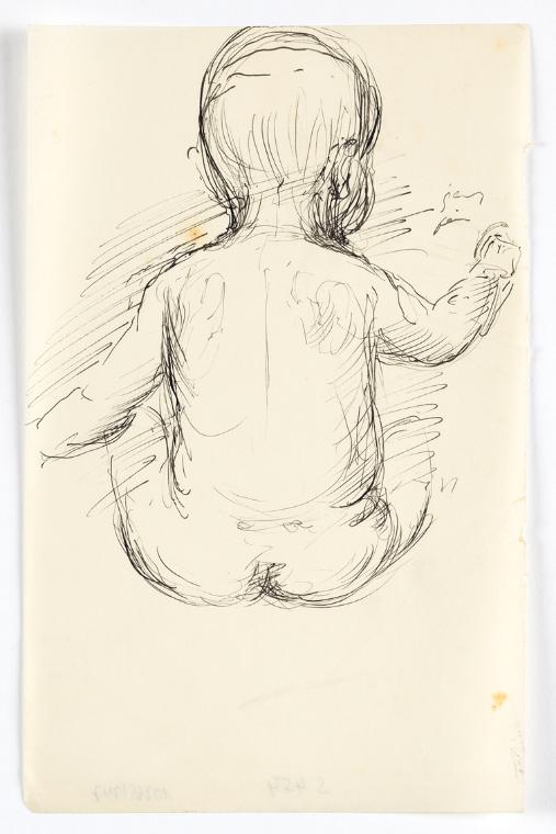 Georg Ehrlich, Rückenansicht eines sitzenden Kleinkinds, Feder in Schwarz, 23,2 × 14,8 cm, Belv…