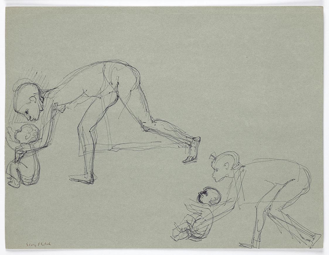 Georg Ehrlich, Mädchen ein Kind hoch hebend (Zwei Studien), Kugelschreiber auf grauem Papier, 2…