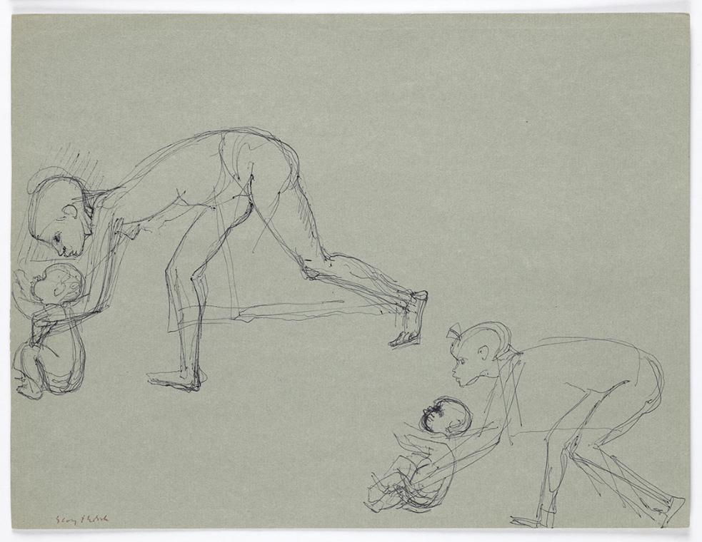 Georg Ehrlich, Mädchen ein Kind hoch hebend (Zwei Studien), Kugelschreiber auf grauem Papier, 2…