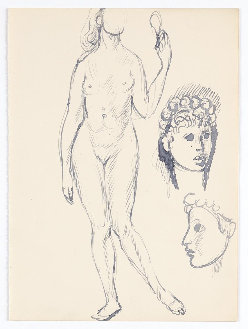 Weiblicher Akt mit Spiegel, zwei Kopfstudien