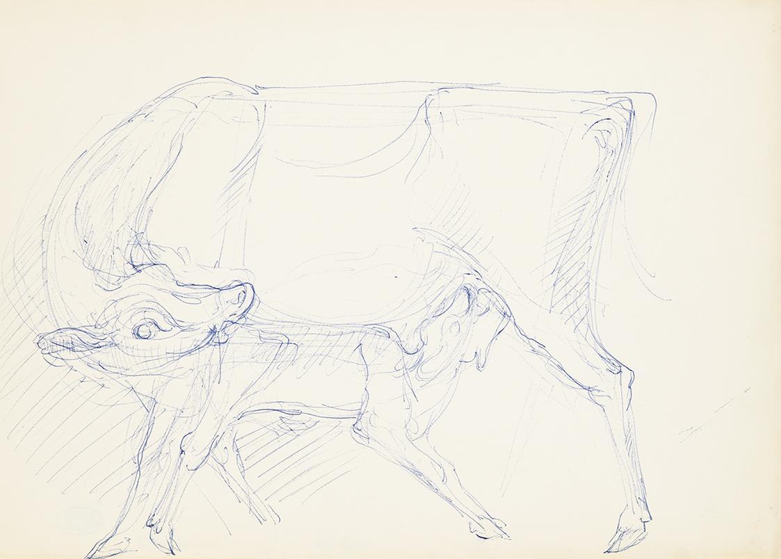 Georg Ehrlich, Kuh mit säugendem Kalb, Kugelschreiber, 20,8 × 28,8 cm, Belvedere, Wien, Inv.-Nr…