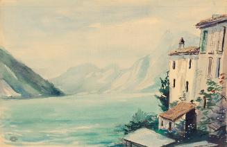 Georg Ehrlich, Häuser an einem Bergsee, Aquarell, Blattmaße: 31 × 47,5 cm, Belvedere, Wien, Inv…
