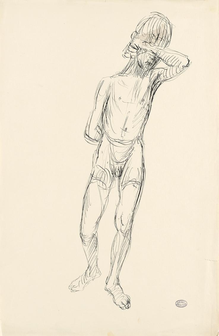 Stehender Knabe mit Arm vor den Augen